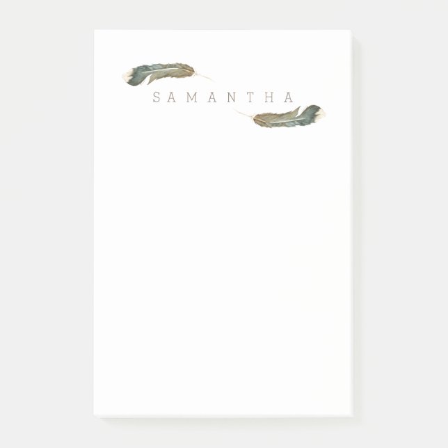 Boho Feather Watercolor | Anpassat namn Post-it Block (Framsida)