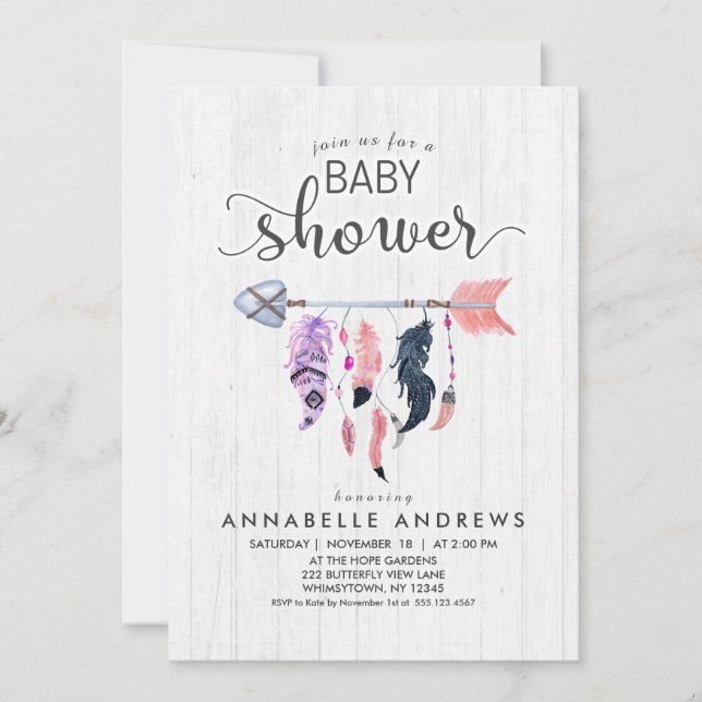 Boho Feathers & Arrow Baby Shower-inbjudan Inbjudningar (Framsida)