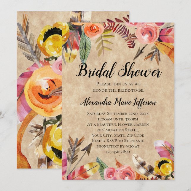 Boho Feathers Arrows Flowers Rustic Bröllop Inbjudningar (Fram/baksida)