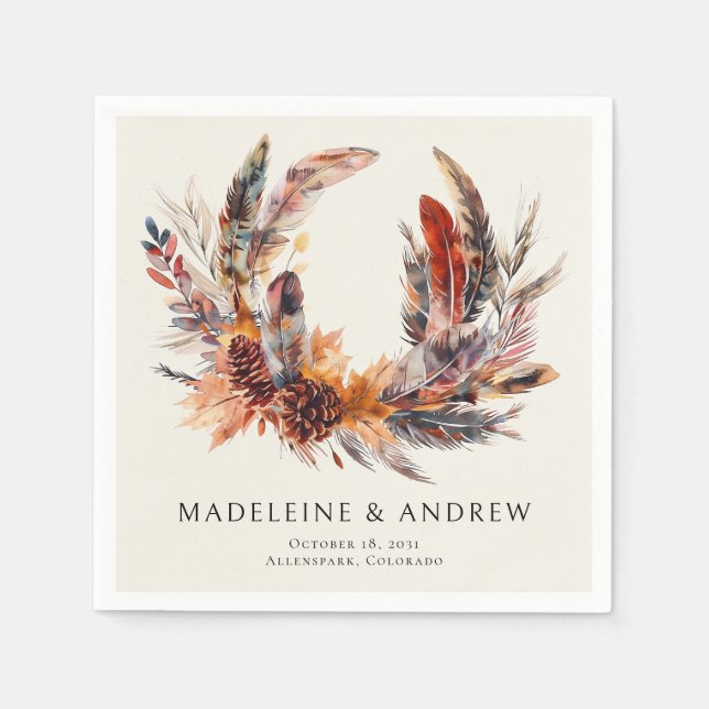 Boho Feathers Blommigt WAN Monogram Bröllop Pappersservett (Framsidan)