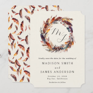 Boho Feathers Blommigt WAN Monogram Bröllop Spara Datumet