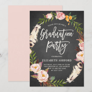 Boho Feathers Blommigt Wandeand Chalkboard Student Inbjudningar
