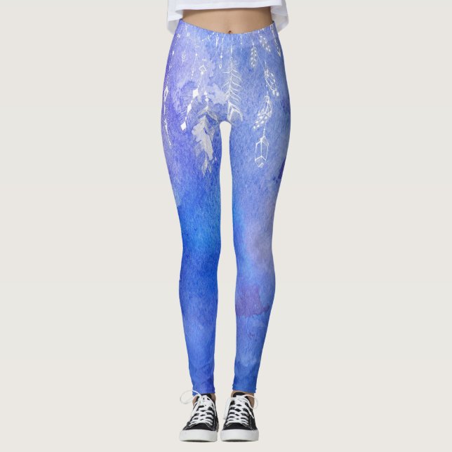*~* Boho Feathers & Crystals Watercolor Soft Blue Leggings (Framsida)
