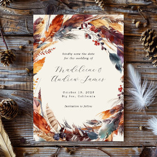 Boho Feathers Fall Foliage Calligraphy Bröllop Spara Datumet