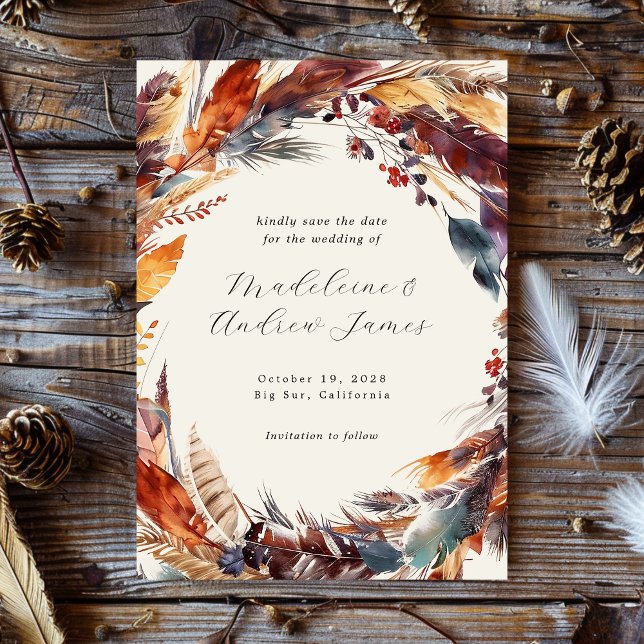 Boho Feathers Fall Foliage Calligraphy Bröllop Spara Datumet (Skapare uppladdad)