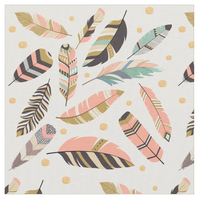 Boho Feathers Mönster on White Tyg (Närbild)