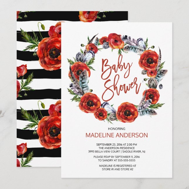 Boho Feathers Poppy Blommigt Fall Baby Shower Inbjudningar (Fram/baksida)