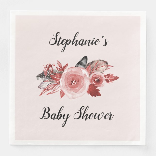 Boho Feathers Ro  Baby Shower Pappersservett (Framsida)