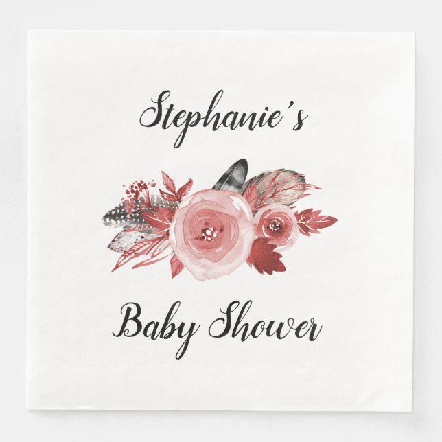 Boho Feathers Ro Burgundy Baby Shower Pappersservett (Framsida)