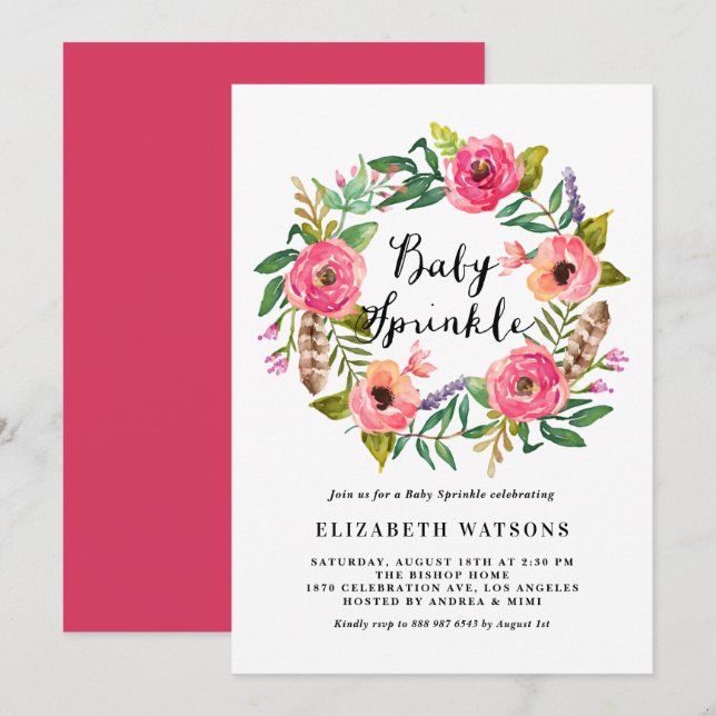 Boho Feathers Rosa Blommigt Utandning Baby Sprinkl Inbjudningar (Fram/baksida)