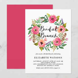 Boho Feathers Rosa Blommigt Utandningsluft Möhippa Inbjudningar