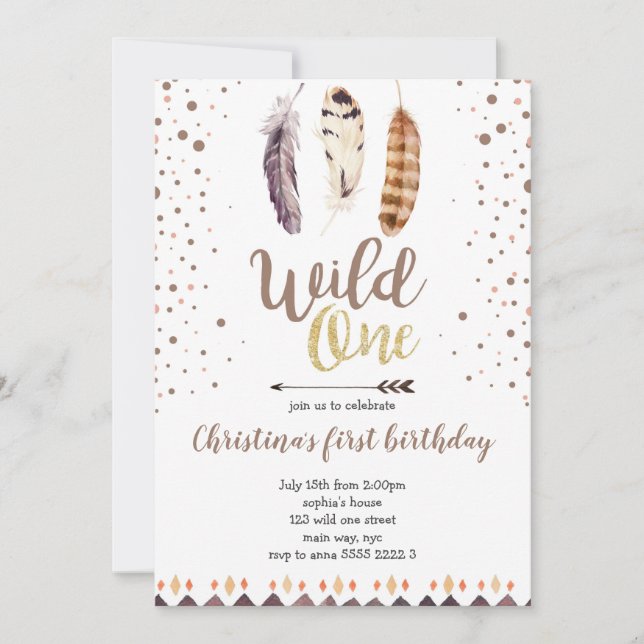 Boho Feathers Vild One Guld Girl First Birthday Inbjudningar (Framsida)