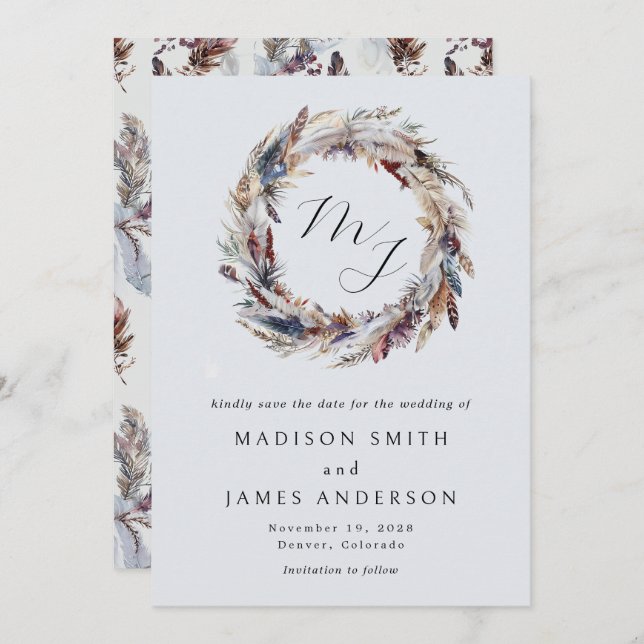 Boho Feathers Wandan Monogram Winter Wedding Spara Datumet (Fram/baksida)