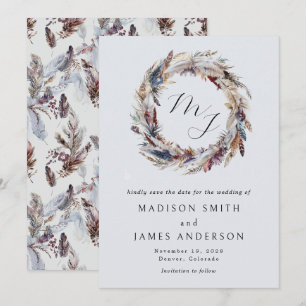Boho Feathers Wandan Monogram Winter Wedding Spara Datumet