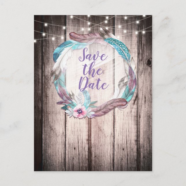 Boho Feathers Wandan & String Ljus Spara datum Meddelande Vykort (Framsida)