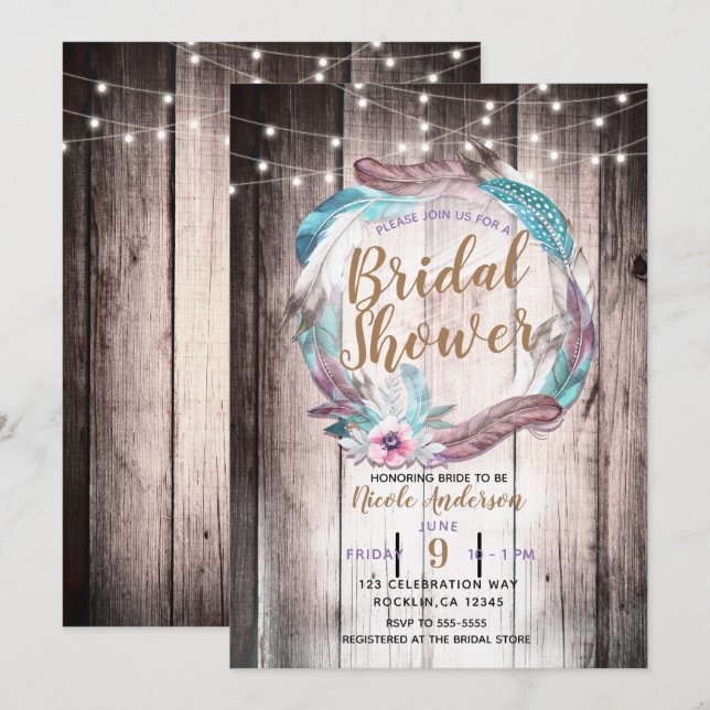 Boho Feathers Wandeand String Ljus Möhippa Inbjudningar (Fram/baksida)