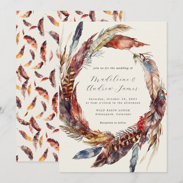 Boho Feathers Wandeandan Calligraphy Fall bröllop Inbjudningar (Fram/baksida)
