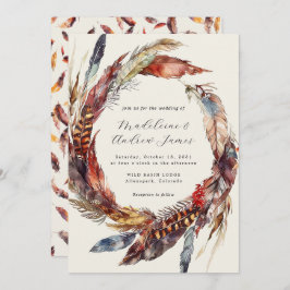 Boho Feathers Wandeandan Calligraphy Fall bröllop Inbjudningar