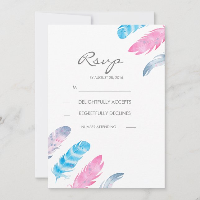 Boho Feathers Watercolor Bröllops OSA Cards Inbjudningar (Framsida)