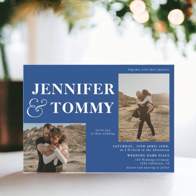 Boho fet namn 3 foton bröllop chic blue inbjudningar (Boho bold names 3 photos wedding chic blue invitation)