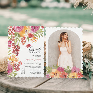 Boho Fet Watercolor Blommigt Photo Studentfest Inbjudningar