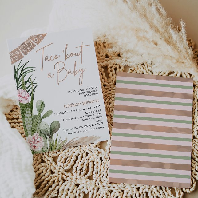 Boho Fiesta Taco Bout A Baby Baby Shower Inbjudningar (Boho floral Taco 'bout a baby baby shower invitation featuring a faux rose gold heading and banner.)