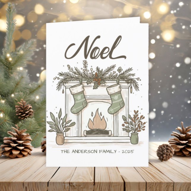 Boho Fireplace Stockings Rustic Earth Tones Helgkort ("Noel" fireplace Christmas greeting card)