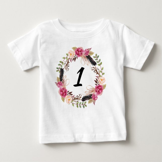 Boho First Birthday Söt 1st Year Blommigt Girly T Shirt (Framsida)