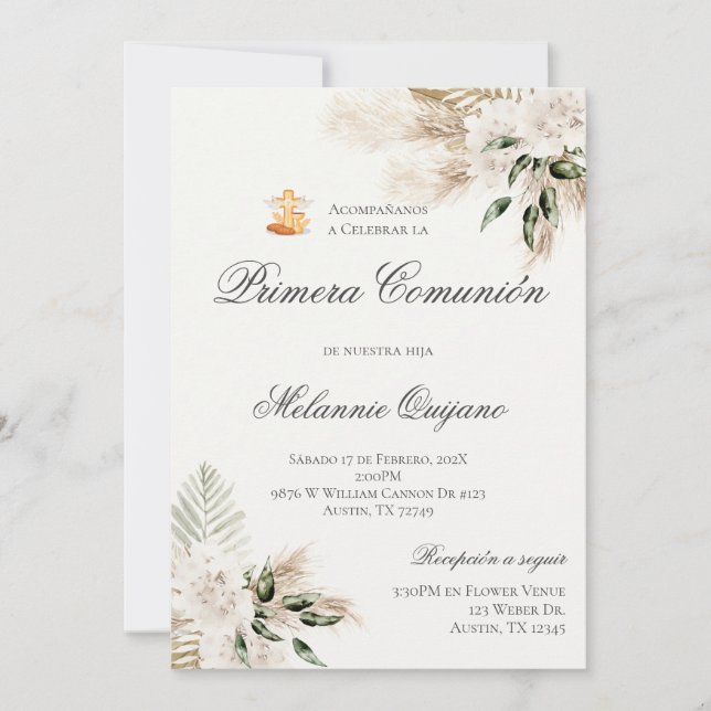Boho First Communion Call på spanska Inbjudningar (Framsida)