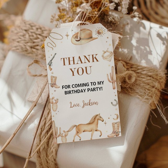 Boho First Rodeo Cowboy Birthday Märkre Tack Presentetikett (Skapare uppladdad)