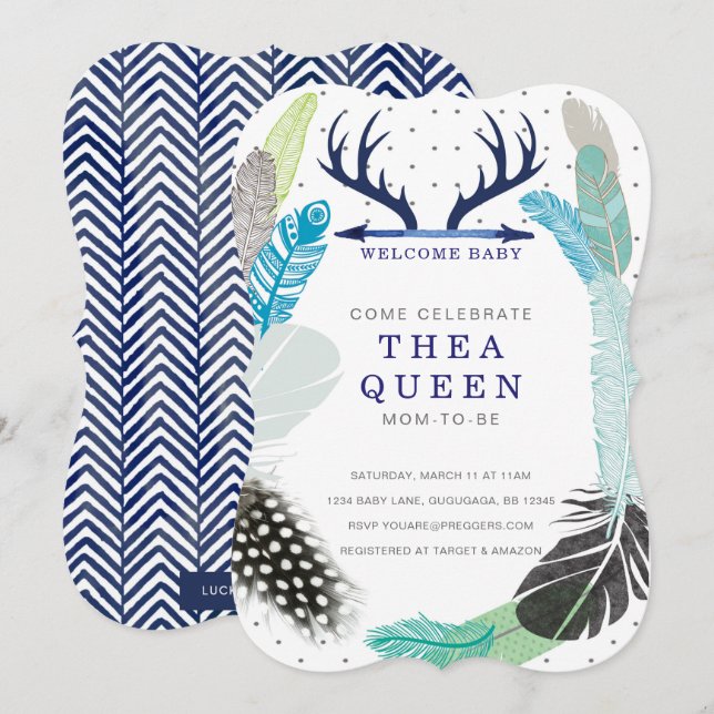 Boho Fjäder Baby Shower Inbjudan (Fram/baksida)