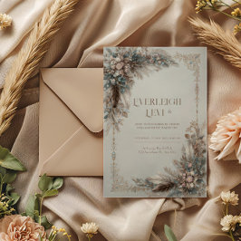 Boho Fjäder Blommig Dammig Blå Guld Ram Bröllop Inbjudningar