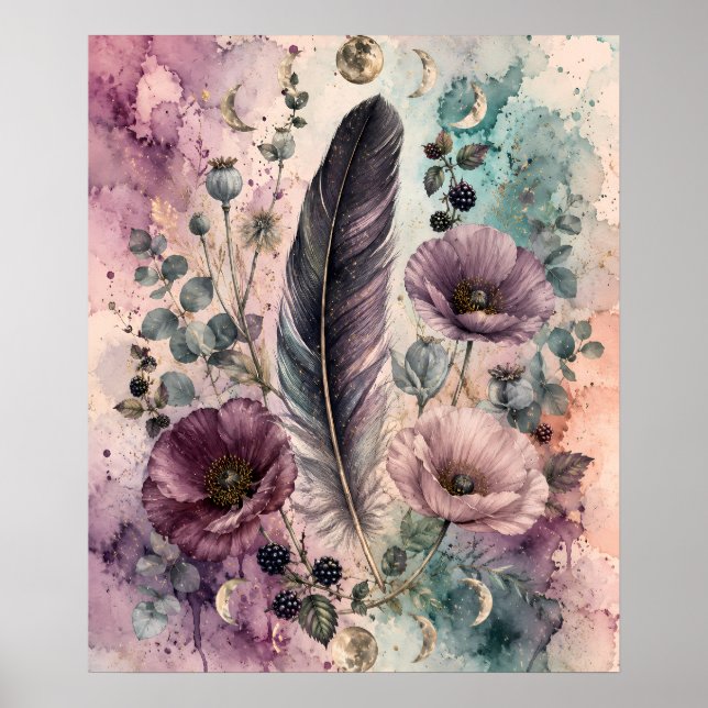 Boho Fjäder och Vallmo Celestial Månfas Poster (Framsidan)