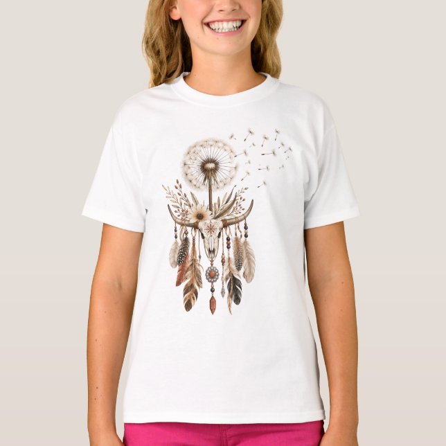 Boho Fjäder Västerländsk Maskros T Shirt (Framsida)