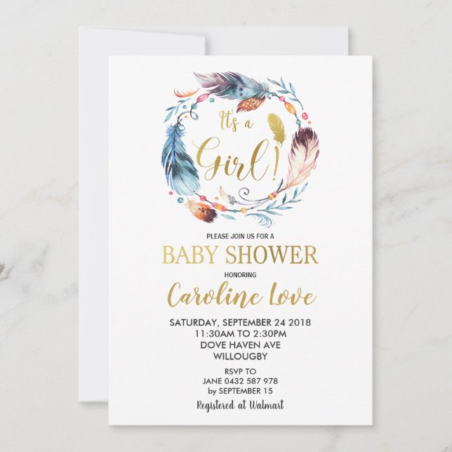 Boho Fjäderkrans Baby Shower Inbjudan Tjej (Framsida)