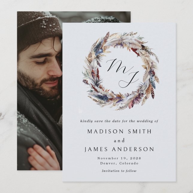 Boho Fjäderkrans Monogram Vinterbröllop Spara Datumet (Fram/baksida)