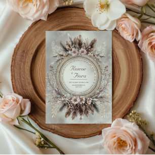 Boho Fjäderkrans Rosa Blommig Bröllop Inbjudningar