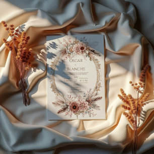 Boho Fjäderkrans Rosa Blommor Guld Bröllop Inbjudningar