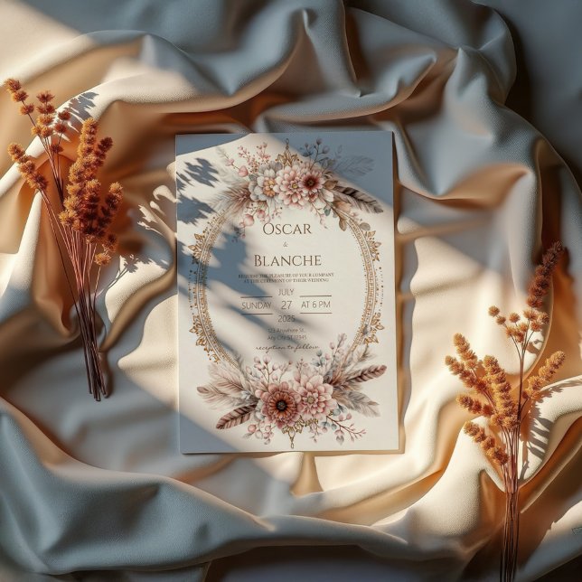 Boho Fjäderkrans Rosa Blommor Guld Bröllop Inbjudningar (Skapare uppladdad)
