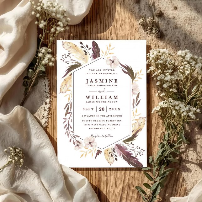 Boho Fjädrar Elagant Modern Chic QR-kod Bröllop Inbjudningar (Skapare uppladdad)