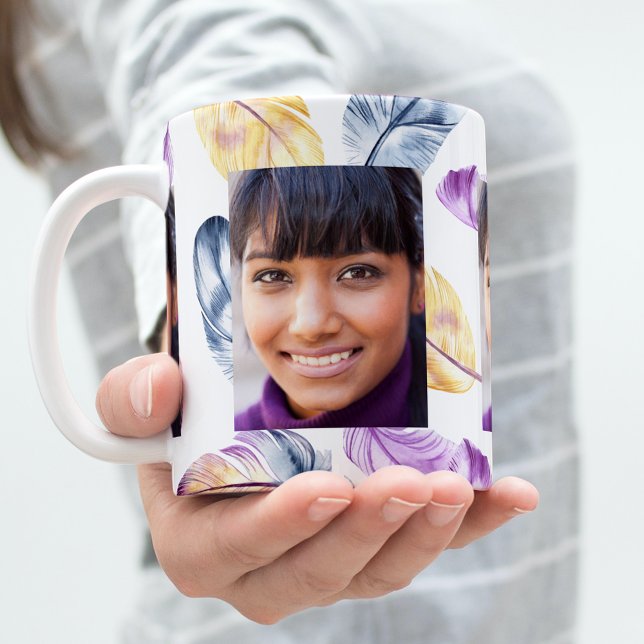 Boho Fjädrar lila gult, vit foto Kaffemugg (Skapare uppladdad)