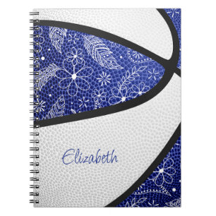 Boho-fjädrar paisley-mönster blå vit basketboll anteckningsbok