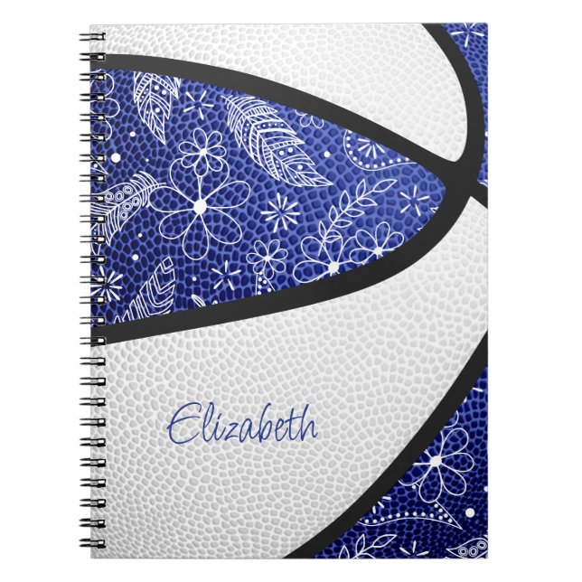 Boho-fjädrar paisley-mönster blå vit basketboll anteckningsbok (Framsidan)