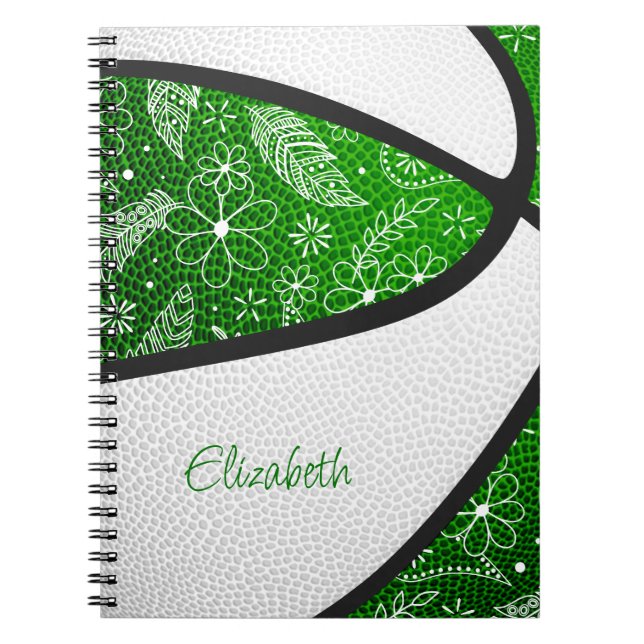 Boho-fjädrar paisley-mönster grön vit basketboll anteckningsbok (Framsidan)