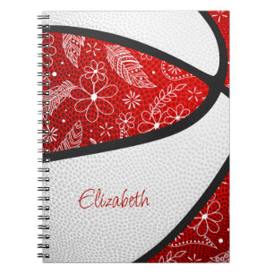 Boho-fjädrar paisley-mönster röda vita basketboll anteckningsbok