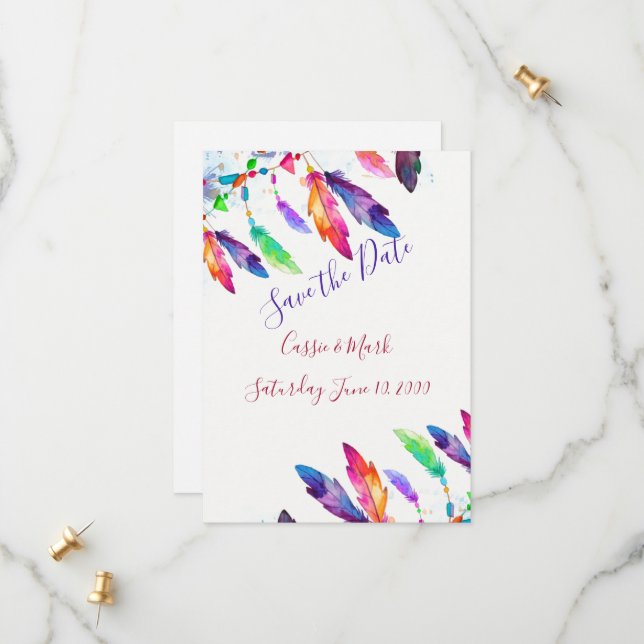 Boho-fjädrar, personlig spara datumet (Fram/Back In Situ)