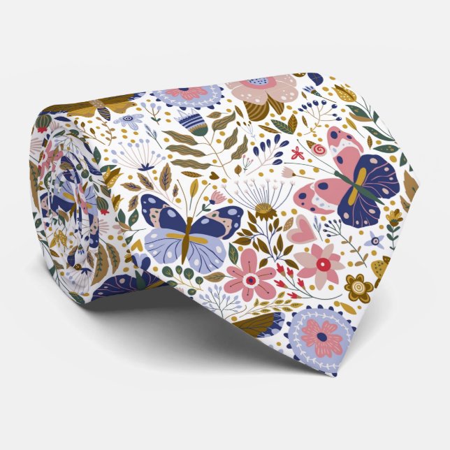 Boho Fjäril Färgrik Vildblommig Mönster Slips (Rullad)