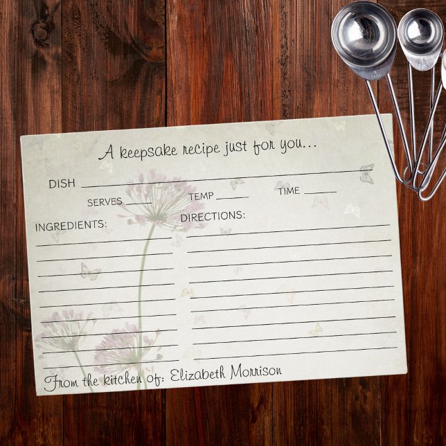 Boho fjärilar & blommor bröllopsfest recept  tilläggskort (Matching Bridal Shower Recipe Binder also available!)