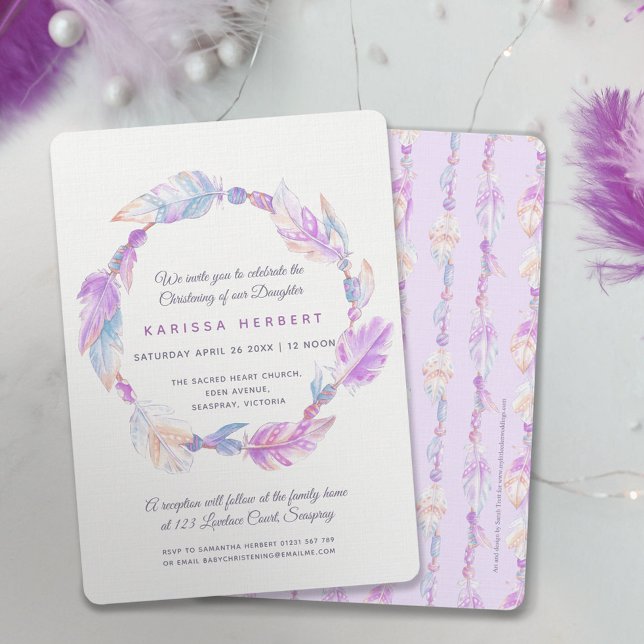 Boho Fjäther vattencolor lila christening Inbjudningar (Skapare uppladdad)