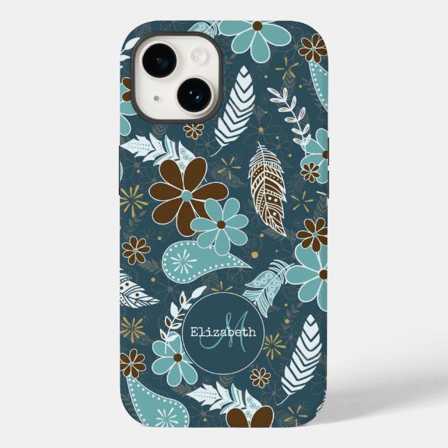 Boho fjäthers doodle blommor teal turkos (brunt) (Baksida)